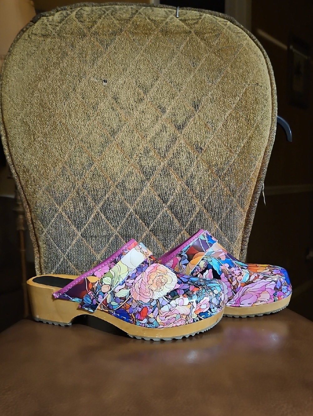 Floral Pattern Leather Clog Mules - Purple Multi